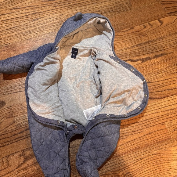 babyGap Quilted Hooded Bunting‎ Suit 3-6 Months Gray One-Piece Bear Ears Blue - Picture 4 of 6